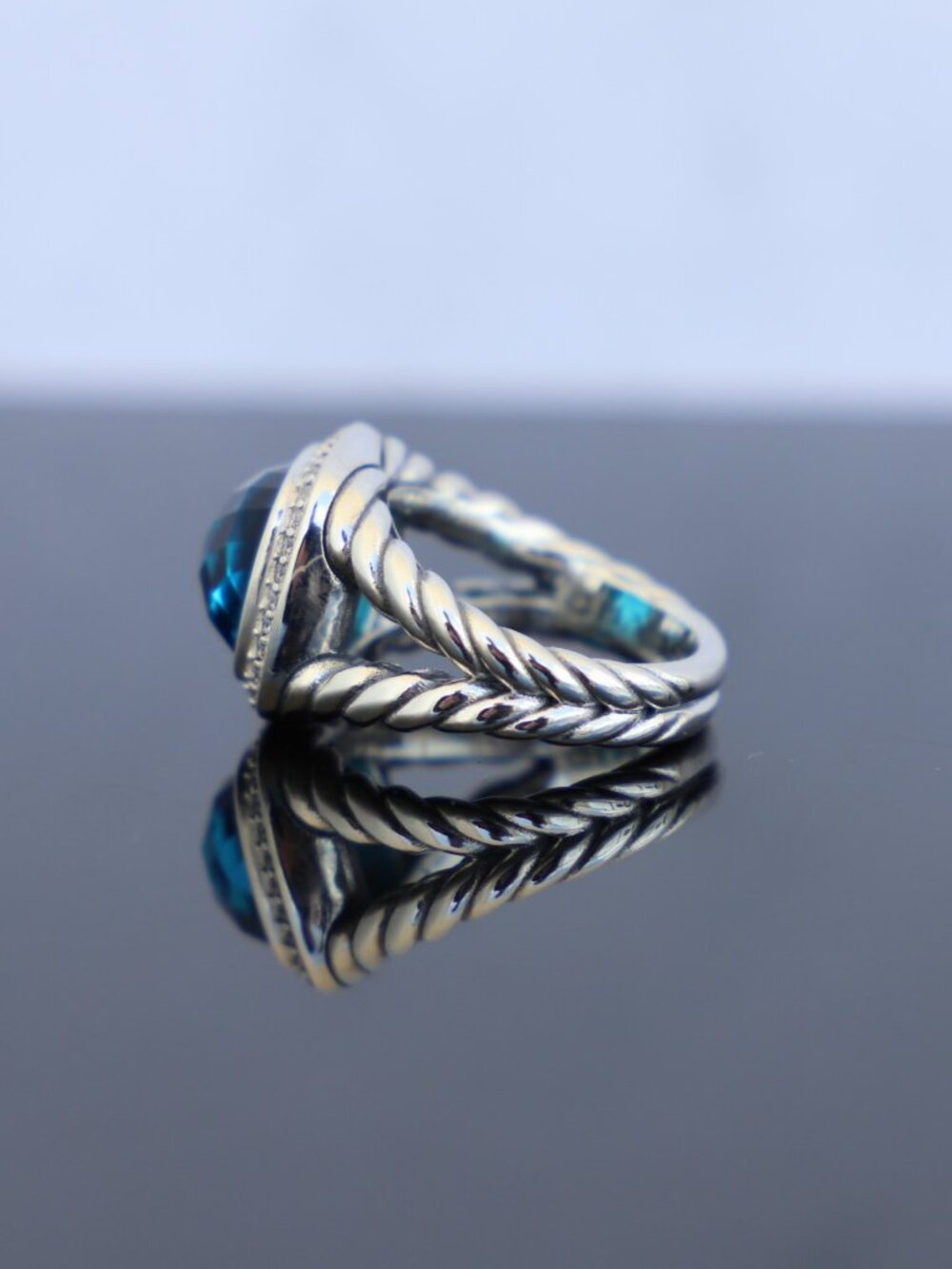 David Yurman Sterling Silver 11mm Albion Ring with Blue Topaz & Diamonds size 7 - Picture 6 of 8